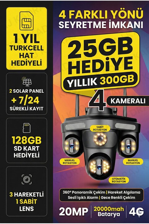 Kadraj Güneş Enerjili Kamera - 4 Kameralı - 300GB TURKCELL Yıllık Sim Kart Dahil + 128GB SD Kart + 2 Solar