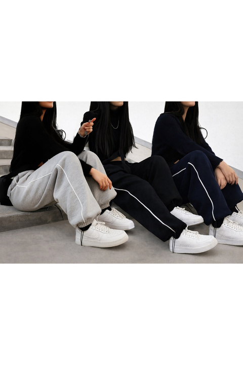 De Carte 3li Harajuku Streetwear Side Strip Kadın Bol Ayarlanabilir Geniş Paça Eşofman Altı