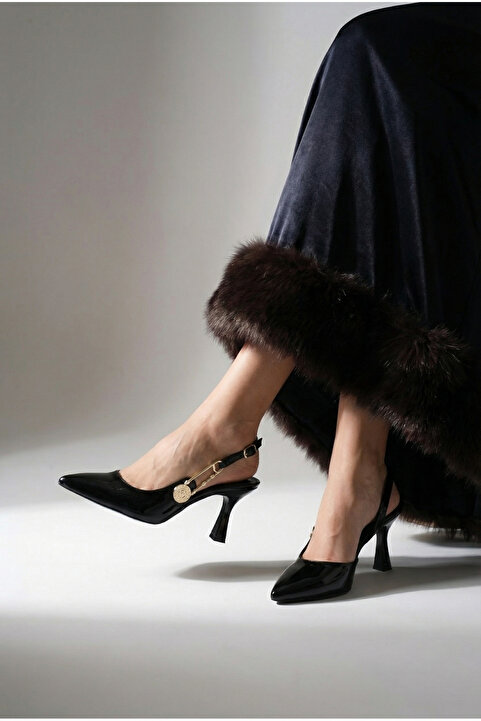 Brielfy Kadın Sivri Burun Konik 7cm Topuklu Siyah Slingback Yandan Tokalı Yazlık Mezuniyet Ayakkabı