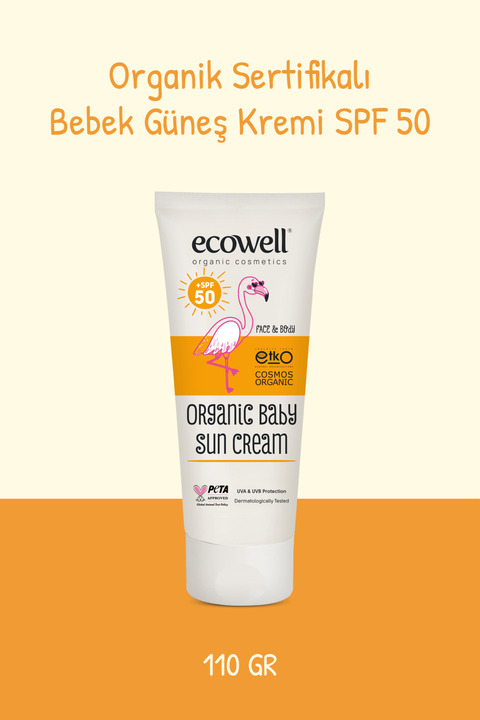 Ecowell Organik Bebek Güneş Kremi Spf 50, Vegan Sertifikalı, Mineral Filtre, UVA & UVB Yüksek Koruma 110gr