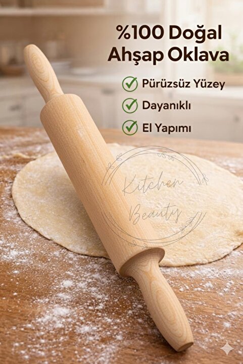 Kitchen Beauty Hamur Açma Oklavası Hamur Açıcı Merdane Pürüzsüz Oklava Pizza Börek Açma Silindir 37 Cm
