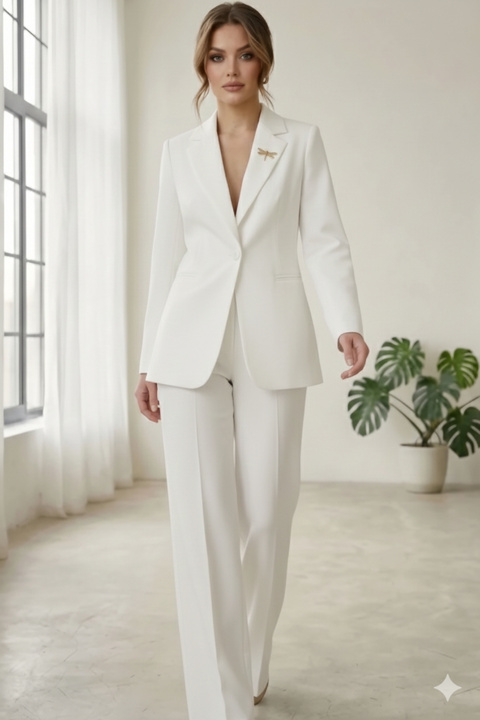 diaves Beyaz Kadın Aksesuarlı Astarlı Tek Düğme Blazer Ceket & Kumaş Pantolon Takım Elbise