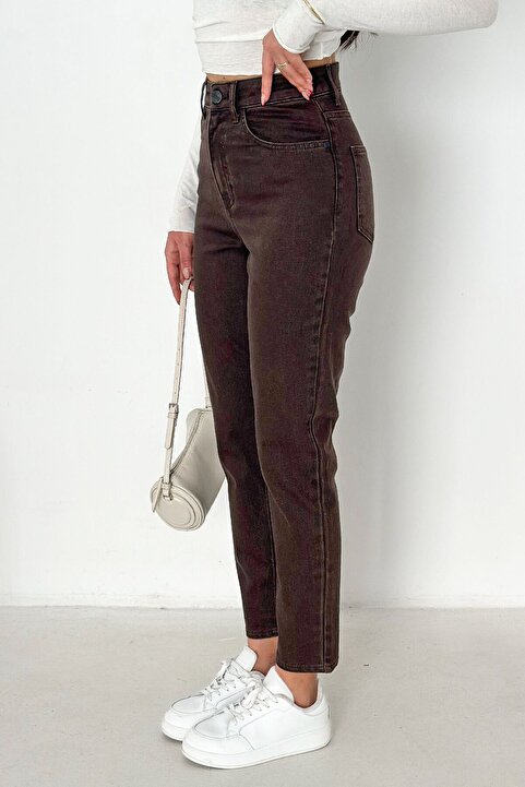 HLT JEANS Kahverengi Kadın Likralı Mom Jean Yüksek Bel Esnek Kot Pantolon ANNA-2074
