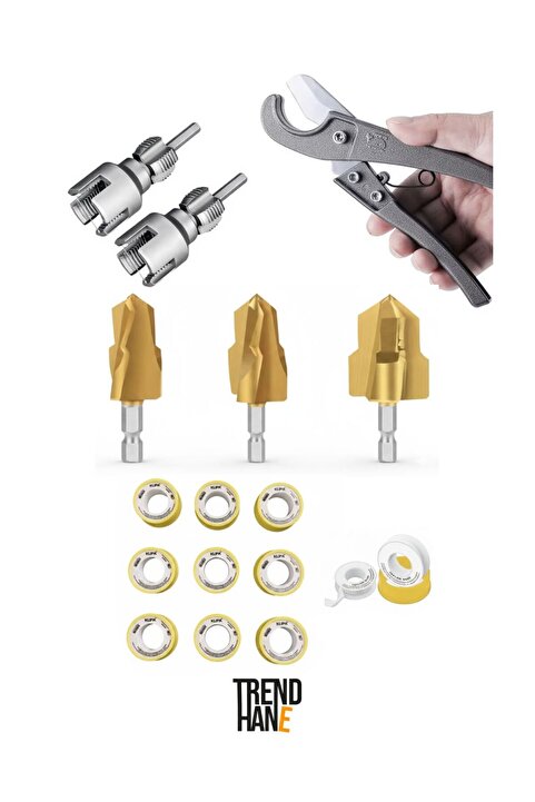 FREED TOOLS PVC plastik boru kesme makası, havşa kırık açma, diş açma teflon bant 7 li set
