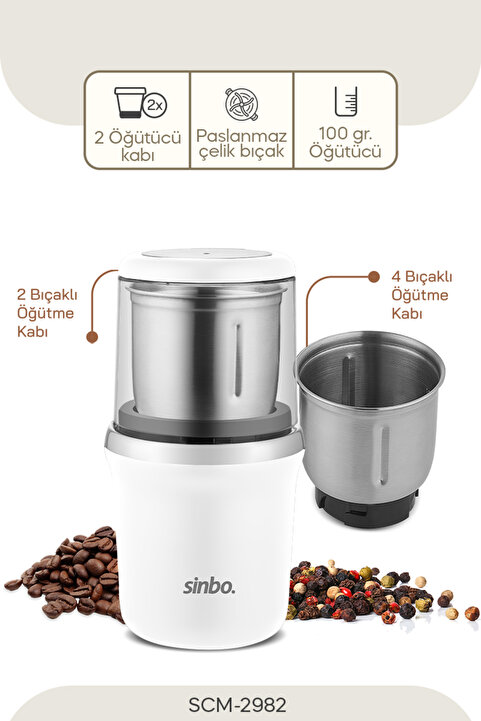 Sinbo 2982 Kahve & Baharat Öğütücü Beyaz/Krom – 200W Güç, Paslanmaz Çelik Bıçak, 100g Kapasite