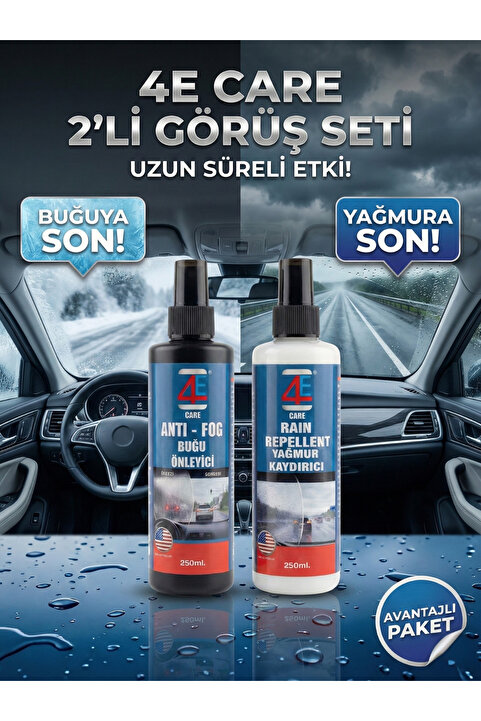 4E CARE 2'li Kış Görüş Seti: Yağmur Kaydırıcı & Buğu Önleyici Sprey (Net Görüş Paketi 250 ML)