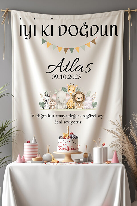 Puppetzzz Kişiye Özel Büyük Ebat İyi Ki Doğdun Safari Temalı Doğum Günü Flaması Duvar Örtüsü Halısı