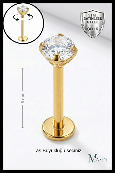 MAZEN Kısa Barlı ( 6mm ) Cerrahi Çelik Taşlı Piercing, Tragus Tekli Gold Renk (Taş Ebat Seçiniz)