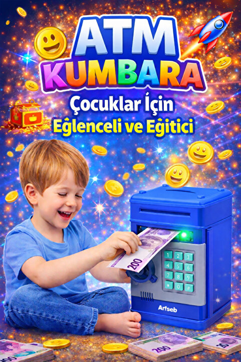 Arfseb Akıllı ATM Kumbara Ve Mini banka – Şifreli ve Dijital Kasa Mavi