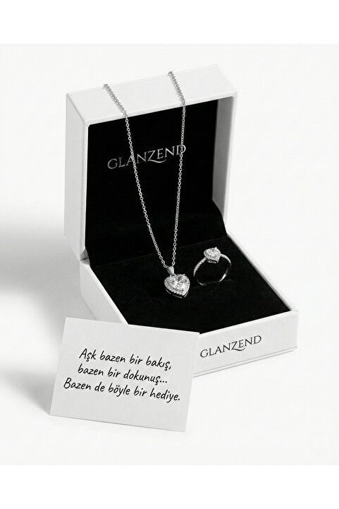 GLANZEND Işıltılı Gümüş Kolye Kalp Ve Yüzük 14 Şubat Sevgililer Günü Hediyesi