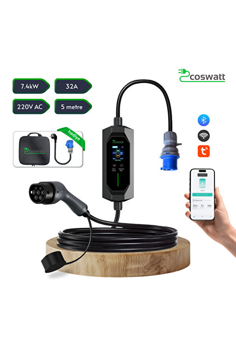 Mayuk Dizayn Coswatt Elektrikli Araç Şarj İstasyonuı 32A/7.4kw/5m/Türkçe/220VAc/Tip-2/3X32A /Ev Tipi Dönüştürücü/Çanta