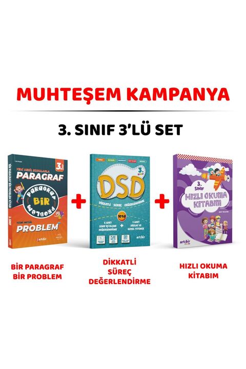 Artıbir Yayınları 3 Sınıf Muhteşem 3 Lü Set (Bir Paragraf Bir Problem---DSD Deneme Sınavı---Hızlı Okuma Kitabım)