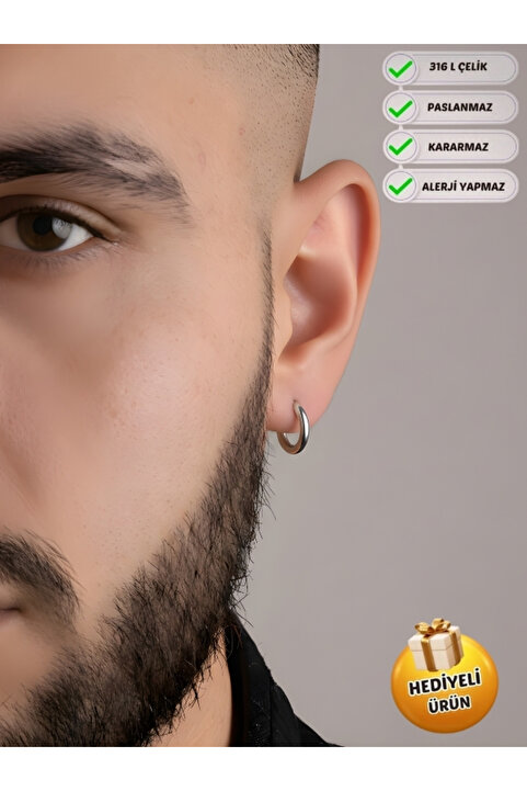 Piercing Market Steel & Silver Erkek Çelik Takı Paslanmaz Kararmaz Özel Tasarım Moda Halka Küpe 10 Mm