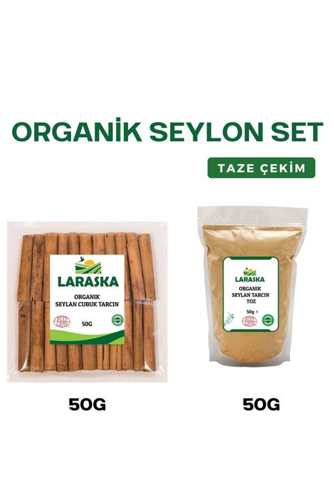 Laraska Organik Organik Seylan- Organik Seylon Çubuk Tarçın 50g & Organik Seylon Toz Tarçın 50g Set