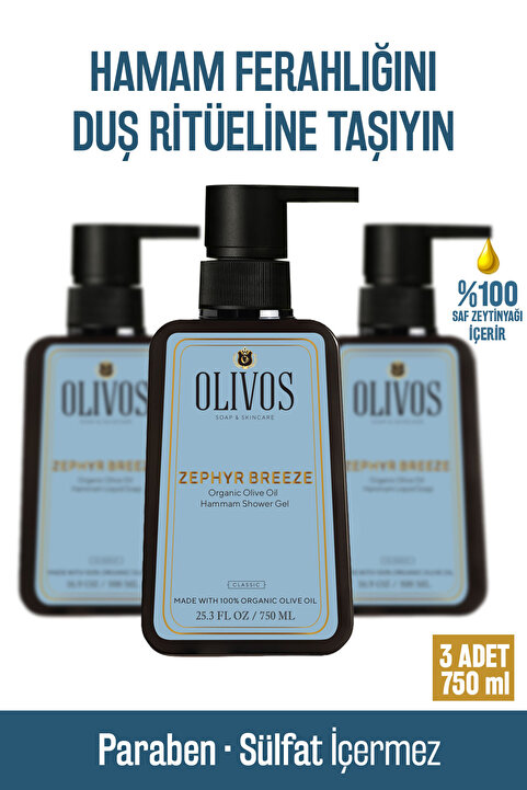 Olivos Doğal Zeytinyağlı Hamam Kokulu Banyo Ve Duş Jeli Zeytinyağı Cilt Besleyici Nemlendirici 3 ADET 750ML