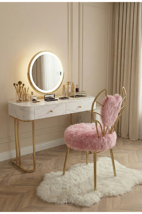 lowena home Modern Pembe Peluş Kumaşlı Melek Tasarım Makyaj Sandalyesi Yuvarlak Form Minderli Metal Ayaklı