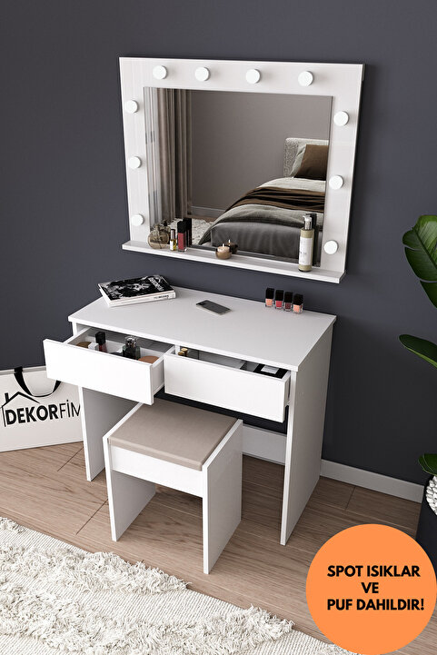 dekor fim DF02103B LED Işıklı Aynalı Organizer Makyaj Masası Tabureli, Bölmeli Çekmeceli Kozmetik Masası