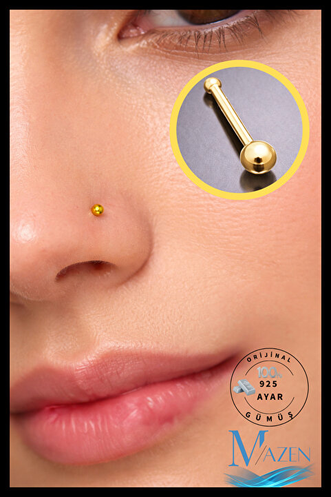 MAZEN Gold Top Uçlu Hızma Burun Piercing | 925 Ayar Gümüş | Gold Renk | Minimal Takı
