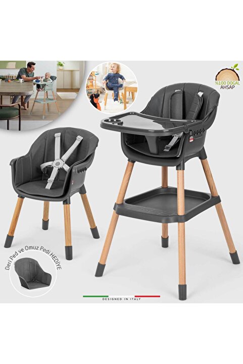 Elele Verona 2 4in1 Ahşap Bebek Mama Sandalyesi ve Mama Oturağı Deri Pedli Antrasit