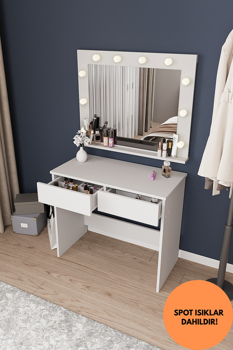 dekor fim DF02108B LED Işıklı Aynalı Holywood Makyaj Masası, Bölmeli Çekmeceli Organizer Kozmetik Masası