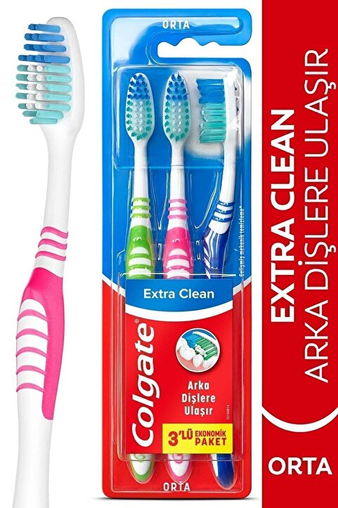 Colgate Extra Clean Dil Temizleyicili Arka Dişlere Uzanan Orta Diş Fırçası 3'lü Ekonomik Paket Ağız Bakımı