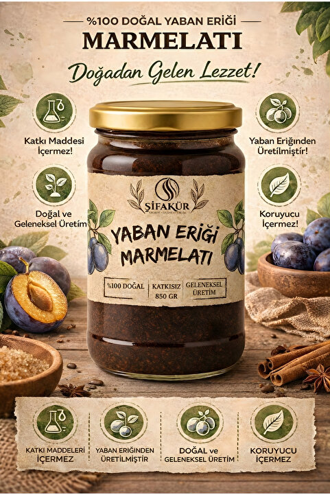 ŞİFAKÜR BİTKİSEL SAĞLIK ÜRÜNLERİ Şifakür Yaban Eriği Marmelatı Doğal Katkısız Şeker İlavesiz Kahvaltılık 850g