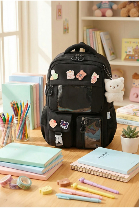 Roomys Kawaii Pro İthal Yeni Sezon Ergonomik Kore Tarzı Aksesuarlı Ve Ayıcıklı Siyah Okul Sırt Çantası