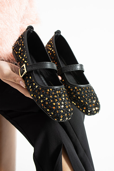 star shoes Siyah Sarı Pullu Simli Toka Detaylı Kadın Şık Günlük Babet