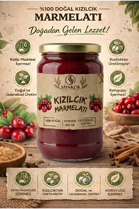 ŞİFAKÜR BİTKİSEL SAĞLIK ÜRÜNLERİ Şifakür Kızılcık Marmelatı Şeker İlavesiz Doğal Geleneksel Kahvaltılık 850g