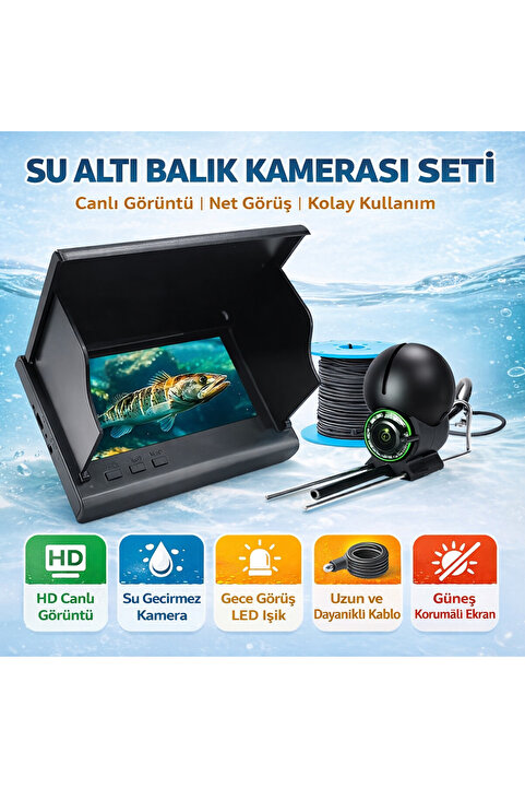 qasul 4.3 İnç IPS Ekranlı Balık Bulucu Kamera 30m Kablolu Su Geçirmez Gece Görüşlü Olta Üzeri Takılabilir