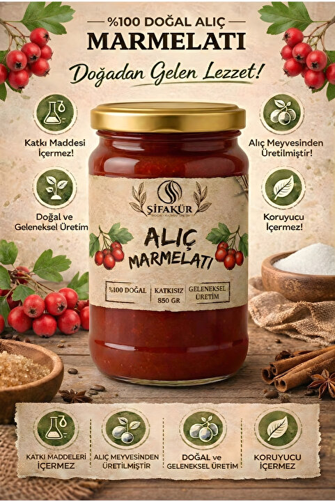 ŞİFAKÜR BİTKİSEL SAĞLIK ÜRÜNLERİ Şifakür Alıç Marmelatı Şeker İlavesiz Katkısız Doğal Kahvaltılık 850g