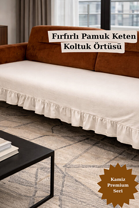 KAMİZ Fırfırlı Koltuk Örtüsü Bohem Pamuk Keten | Kaymaz, Yıkanabilir, Modern Şık Tasarım