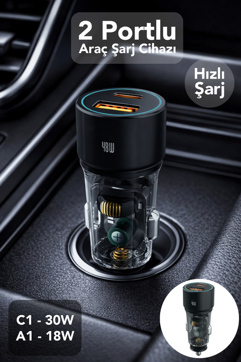 mimtec 48W 2 Portlu Araç Şarj Aleti - Type-C + USB Girişli Hızlı Şarj Araç İçi Şarj Cihazı Çakmaklık