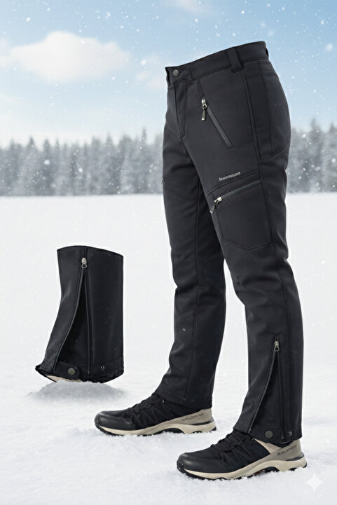 SNOWMOUNT Siyah Renk Outdoor Soğuğa Karşı Dayanıklı Polarlı Kışlık Softshell Paça Fermuarlı Şık Pantolon