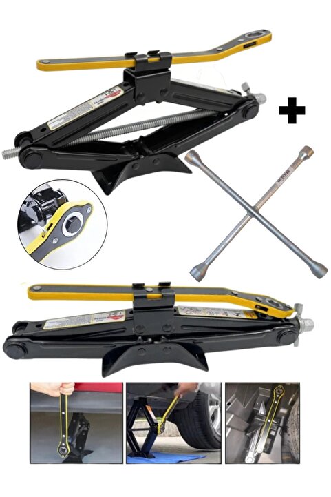 MOONSHOP Oto Krikosu 1.5 Ton Makas Cırcırlı Araç Kriko + Bijon Anahtarı -cırcır Ve Bijon Anahtarı Set