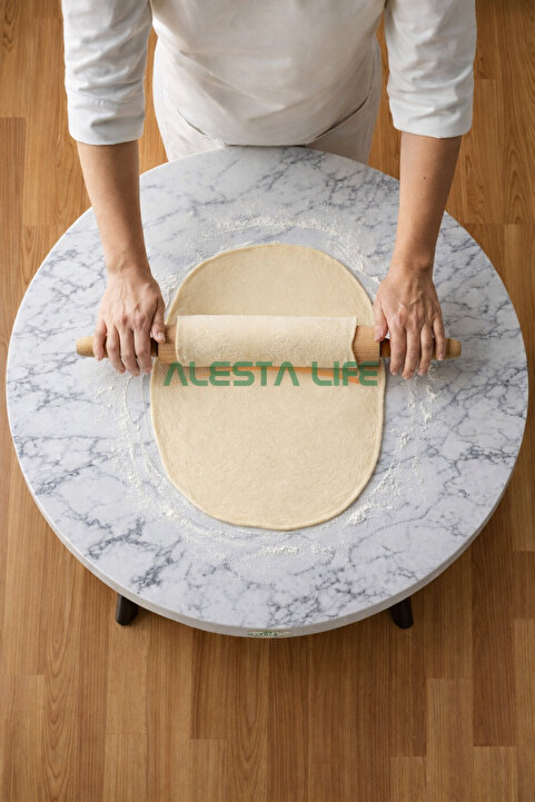 Alesta Life 60 Cm Çap - Beyaz Desenli Katlanabilir Yer Sofrası Hamur Açma Tahtası Oyun Masası - 21 Cm Yükseklik