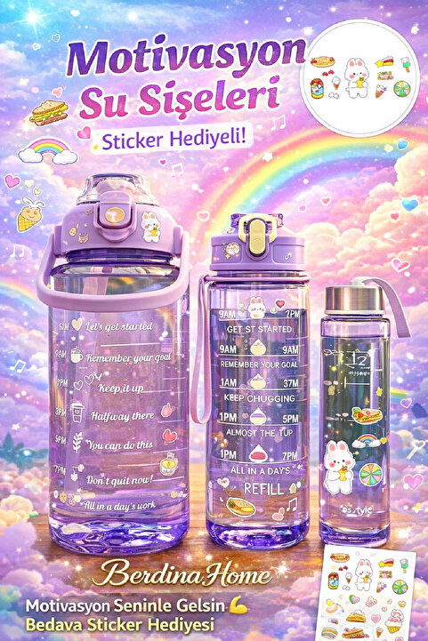 Berdina Home 3'lü Yeni Şeffaf Motivasyon Kokusuz Stickerlı Spor Suluk Matara Pipetli Taşınabilir Su Şişesi Renkli