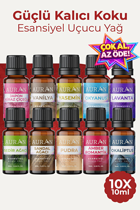 AURAN Favori 10'lu Set Esansiyel Uçucu Yağ Buhurdanlık Yağı Hava Nemlendirici Aroma Difüzörü Kokusu Esans
