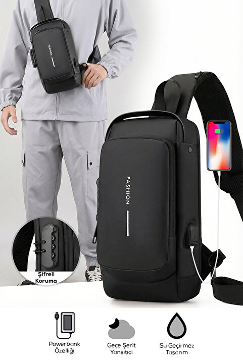 indirimsevinci Powerbank Özellikli Şifreli Kilit Sistemli Su Geçirmez Çapraz Omuz & Göğüs Çantası