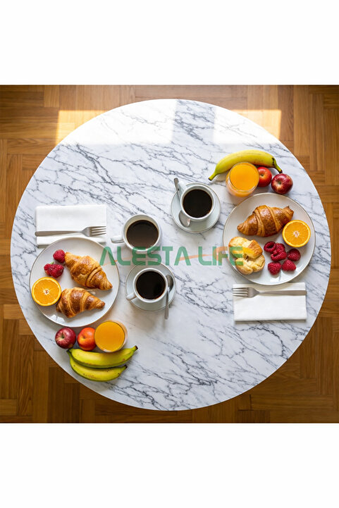 Alesta Life 70 Cm Çap - Beyaz Desenli Katlanabilir Yer Sofrası Hamur Açma Tahtası Oyun Masası - 21 Cm Yükseklik