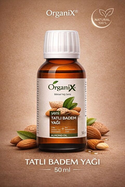Organix Tatlı Badem Yağı %100 Doğal 50ml - Cilt ve Saç Bakım Yağı, Nemlendirici, Besleyici, E Vitamini