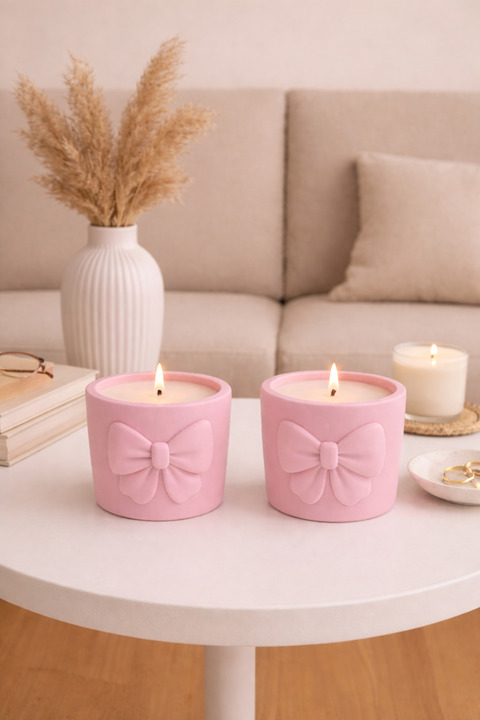 Havalı Tasarım 2 Li Pastel Kurdele Motifli El Yapımı Mum