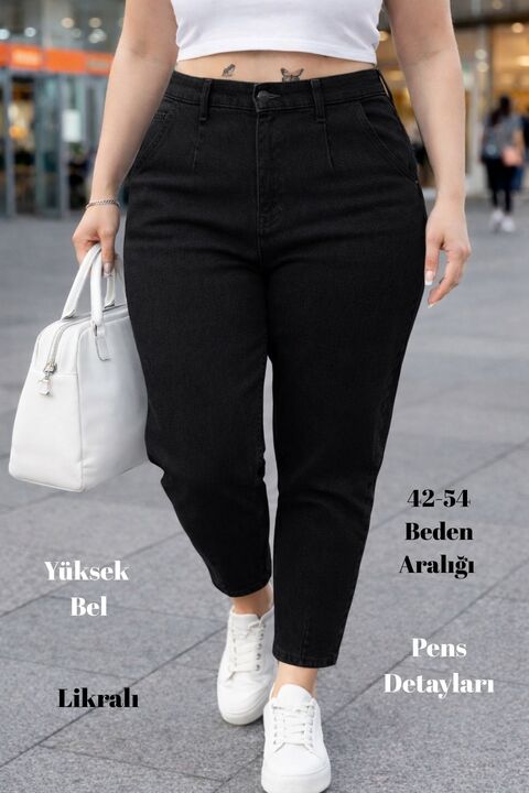 CEDY DENIM Mom Fit Jean Büyük Beden Yüksek Bel Carrot Kesim Dar Paça Pileli Esnek Kot Pantolon C600-siyah