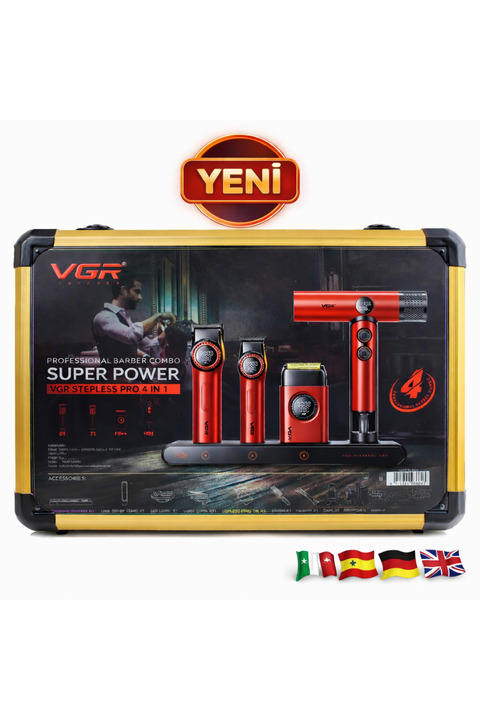 VGR Combo 4'lü Set Stepless Pro 4'ü 1 Arada High-End Saç Kesme Makinesi Ve İyonize Fön Makinesi