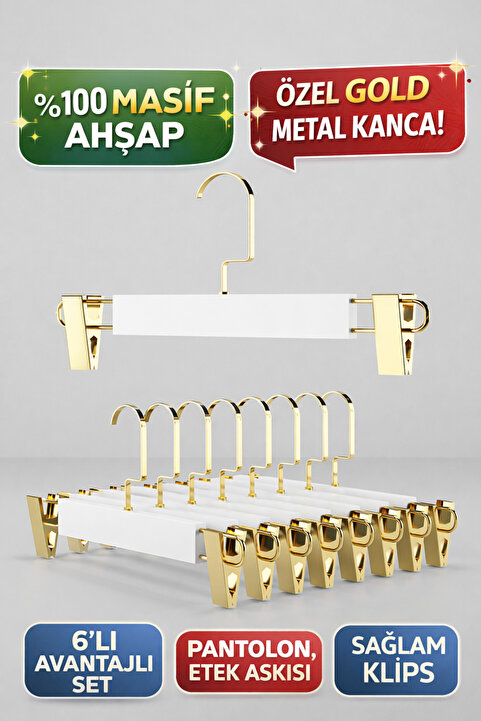 Onouqo Beyaz Ahşap Askı Kıyafet Elbise Ve Etek Pantolon Askısı Özel Seri Gold Amerikan Kanca 6 Adet.