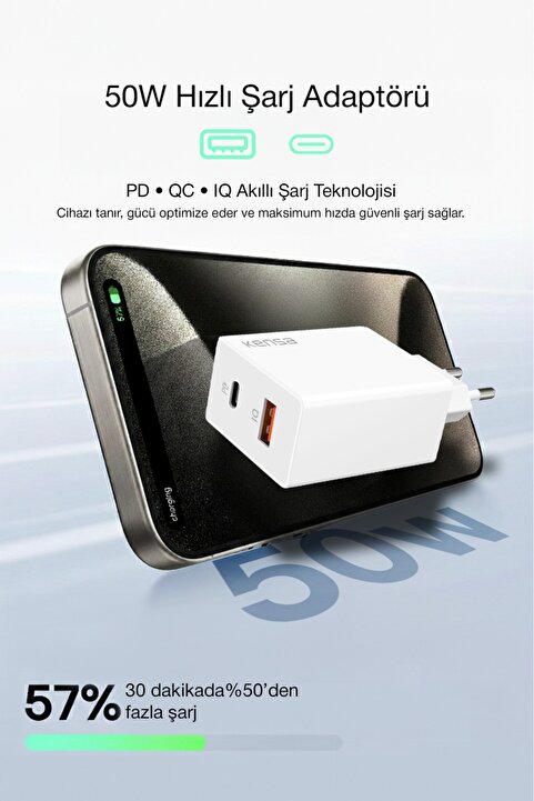 Kensa 50W PD Çift Çıkışlı Hızlı Şarj Başlığı – USB-C + USB-A, Akıllı Güvenlik Çipli