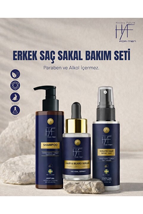 history future Erkek 3'lü Saç Sakal Bakım Seti:dökülme Karşıtı Şampuan Keratin Saç Spreyi Saç Sakal Serumu