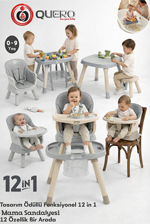 Quero Yummy 12in1 Mama Sandalyesi 12 Özellik Portatif Çalışma, Oyun Masalı Çok Fonksiyonlu Mama Sandalyesi