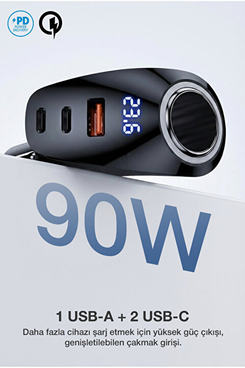 Kensa 90W Type-C USB Araç Şarjı – Süper Hızlı PD 4.0 & QC 3.0 Çakmaklık Şarj Adaptörü