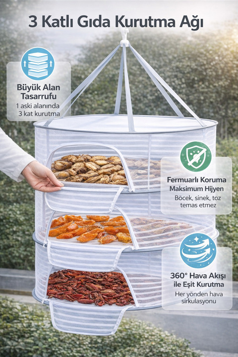 MUJGAN Fermuarlı Katlanabilir 3 Katlı Kurutma Ağı - Gıda ve Çamaşır Kurutma